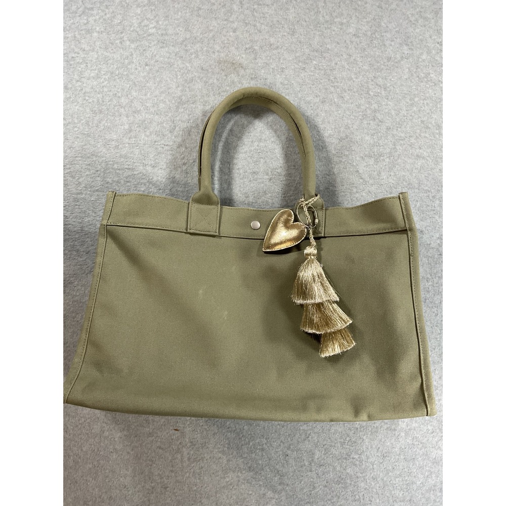 Quilted Koala Canvas Tote Bag Olive Green Gold Heart Tassel Charm Large Handbag